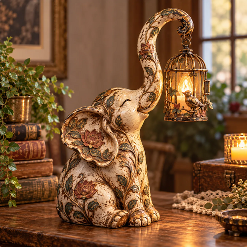 🐘✨Gentle Glow Elephant™ – Vintage Floral Lantern Statue