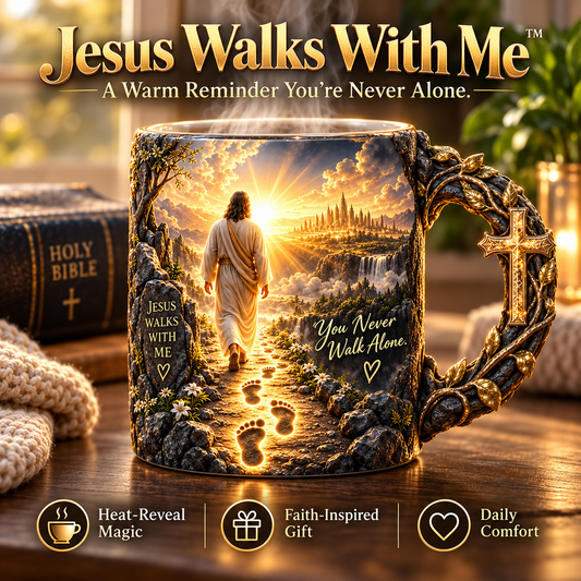 ✝️ Jesus Walks With Me Heat-Reveal Mug | Color-Changing Christian Coffee Cup with Cross-Inspired Handle