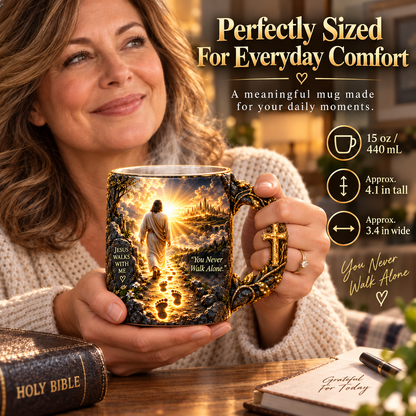✝️ Jesus Walks With Me Heat-Reveal Mug | Color-Changing Christian Coffee Cup with Cross-Inspired Handle