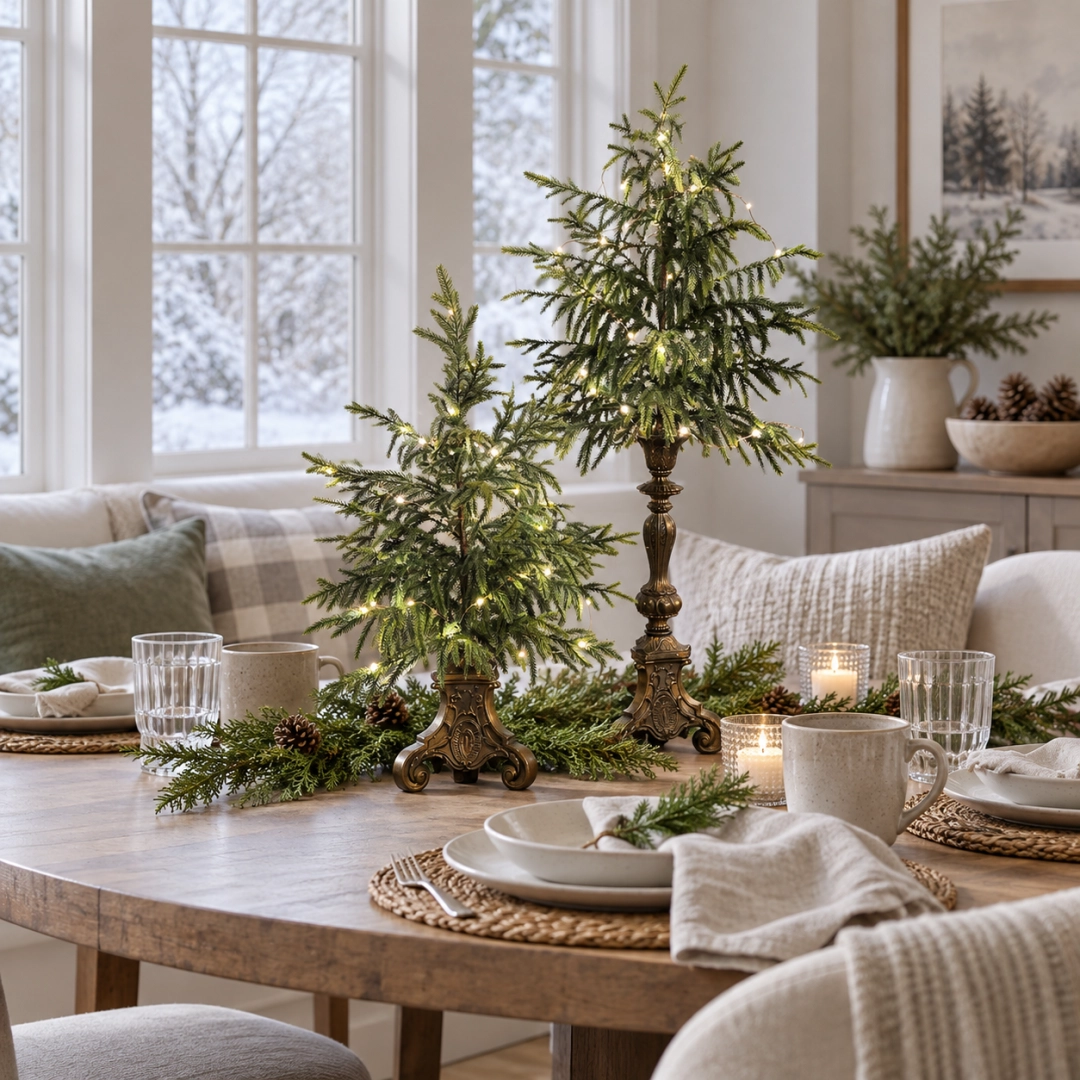 Large and small illuminated Norfolk pine trees arranged as a farmhouse Christmas dining table centerpiece