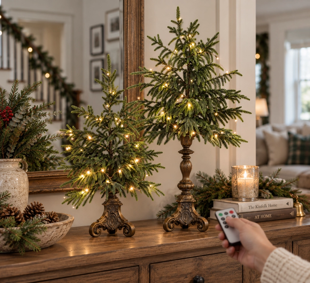 Hand using remote to operate warm lights on two Norfolk pine Christmas trees