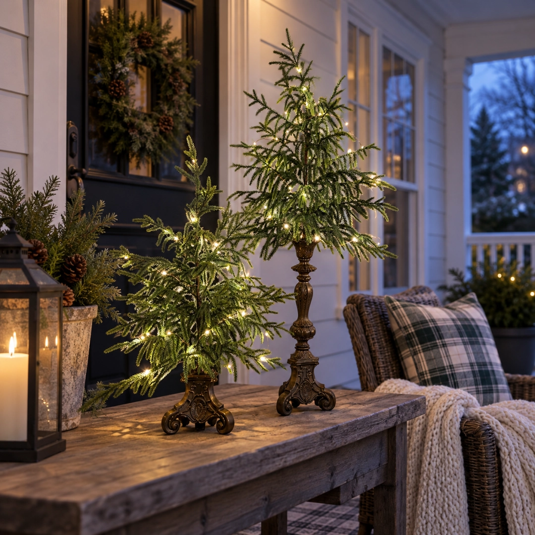 Norfolk Christmas Glow pair illuminating a sheltered porch-style table at dusk