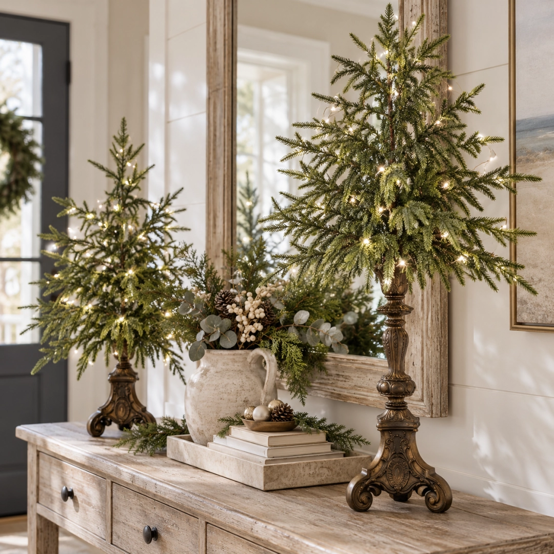 Norfolk Christmas Glow large and small tree pair styled on a bright vintage entryway console