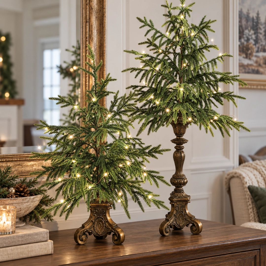 Vintage Norfolk pine tabletop trees showing their ornate bronze-finish decorative pedestal bases