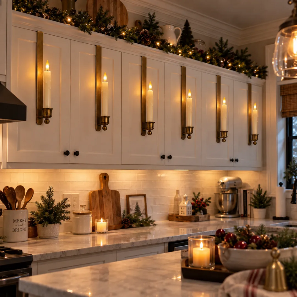 Elegant evening kitchen with row of warm illuminated cabinet candles and holiday greenery