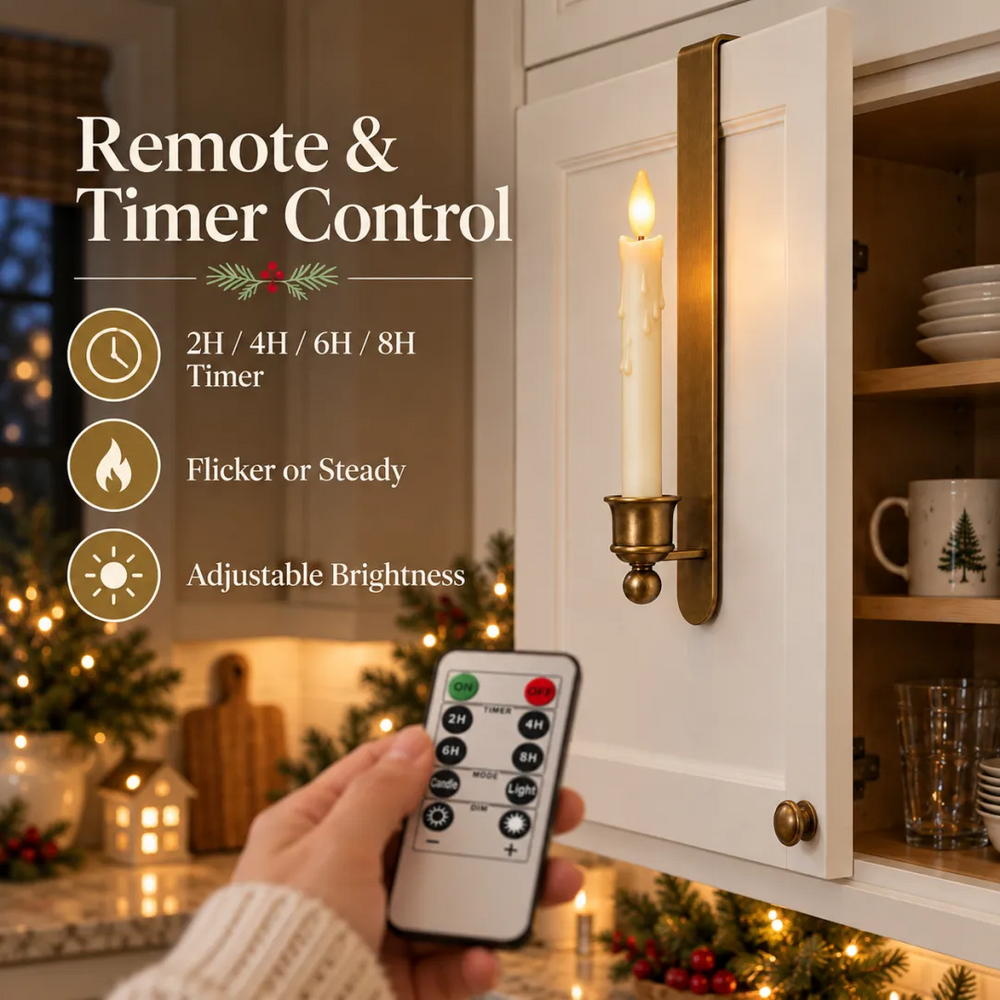 Cabinet LED candle and remote control feature image with 2 4 6 8 hour timers dimming and flicker modes