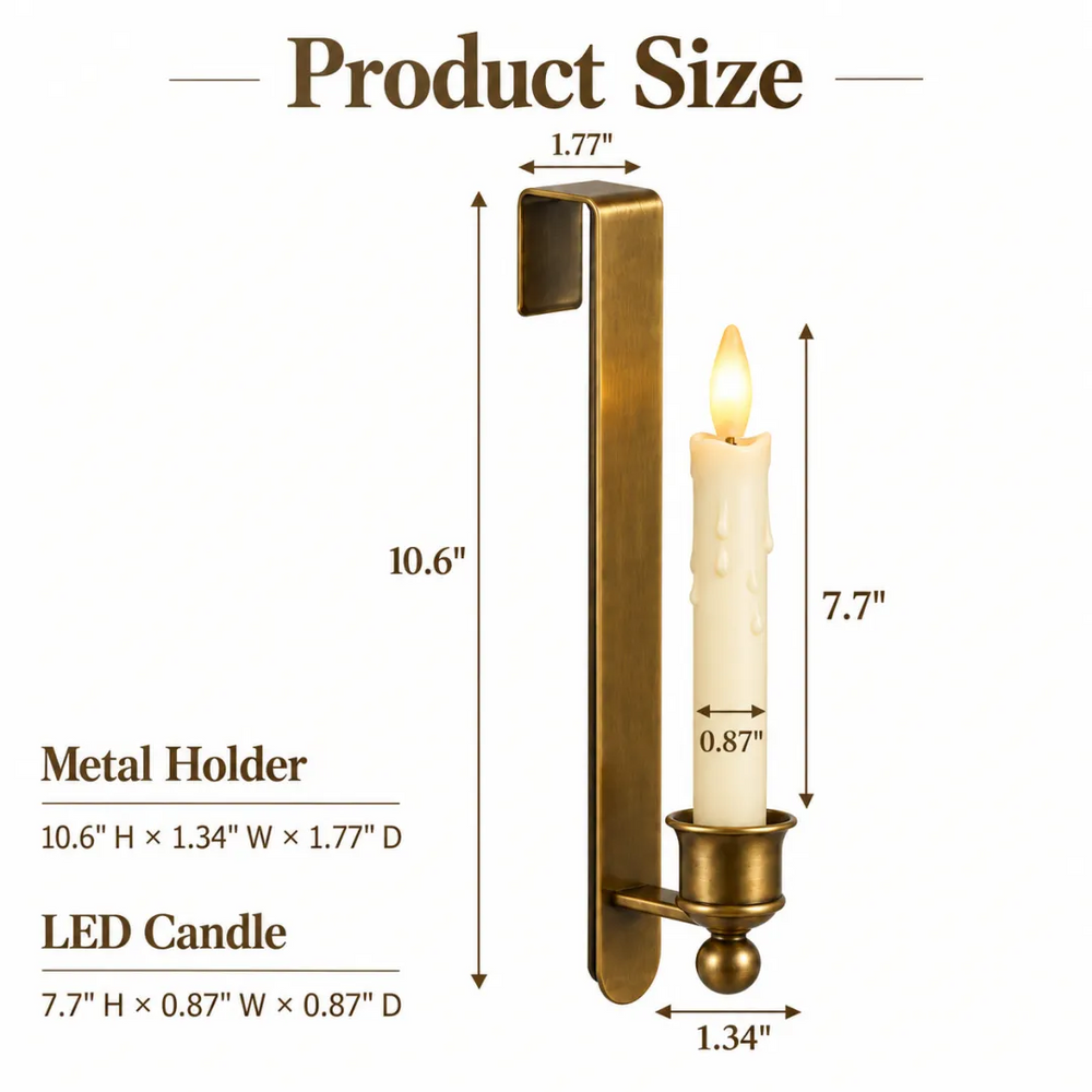 Dimension illustration of brass cabinet candle holder 10.6 inches tall and LED candle 7.7 inches tall
