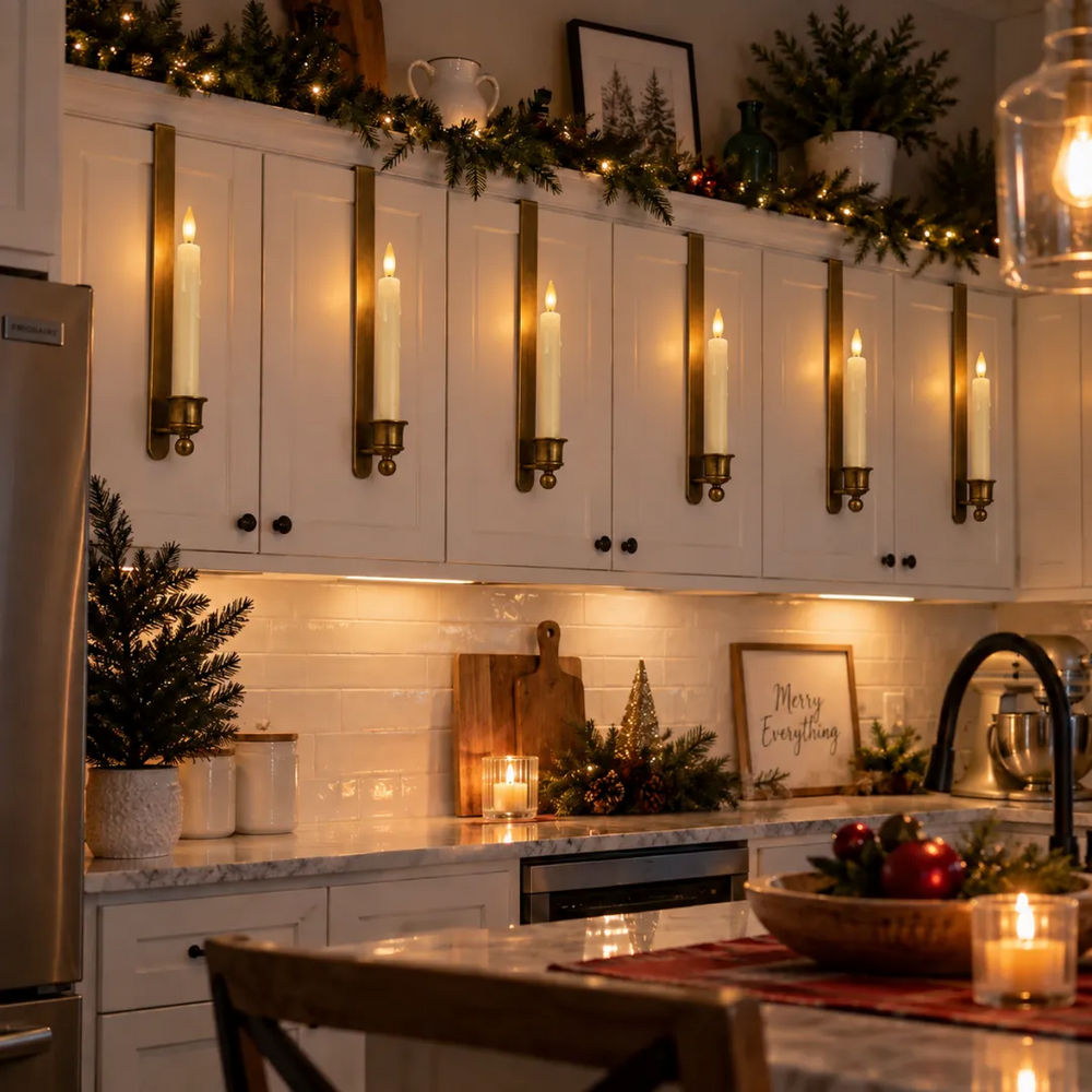 Six illuminated vintage brass-finish cabinet candle sconces in a warm Christmas kitchen