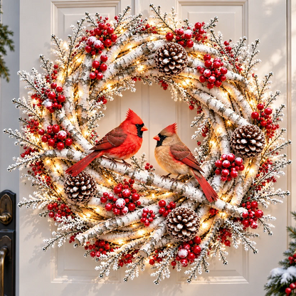 🐦❤️ Cardinals Welcome Home™ – 3-Piece Lighted Christmas Porch Decor Set | 20" Snowy Birch Wreath & 2 Hanging Cardinal Lanterns 🎄