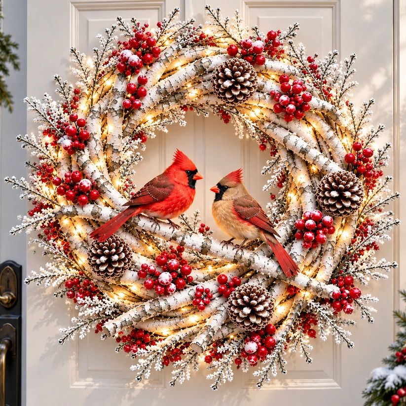 Christmas red cardinal wreath and lantern decoration details with winter berries snowy birch and evergreen branches
