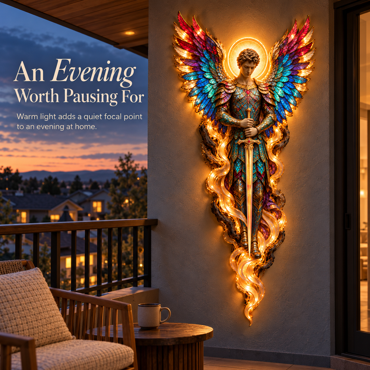 Woman praying beside glowing angel wall sculpture