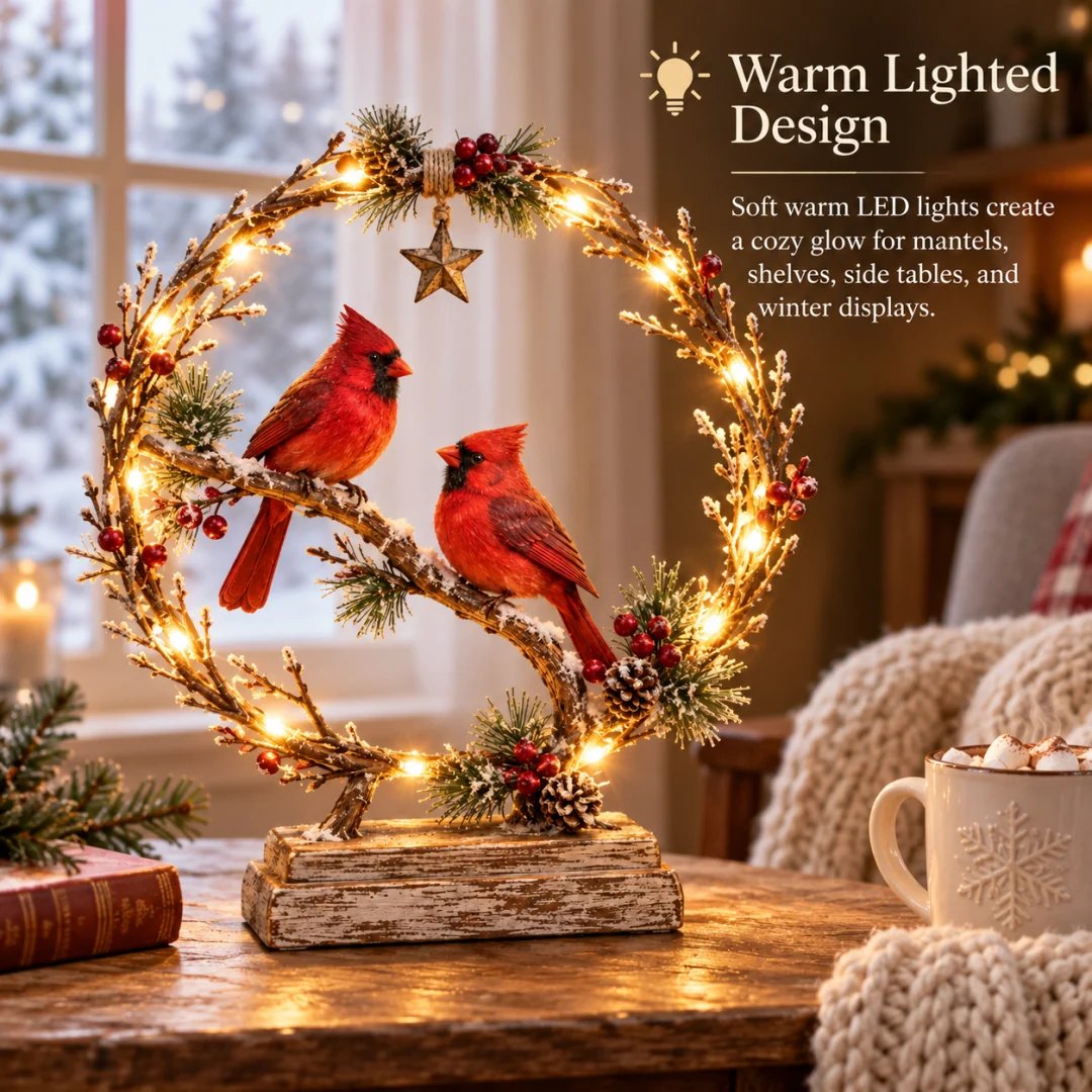 🔥Last Day 60% OFF -Lighted Cardinal Tabletop Decor, Rustic Red Cardinal Pair with Warm LED Lights