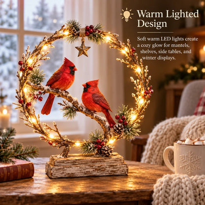 🔥Last Day 60% OFF -Lighted Cardinal Tabletop Decor, Rustic Red Cardinal Pair with Warm LED Lights