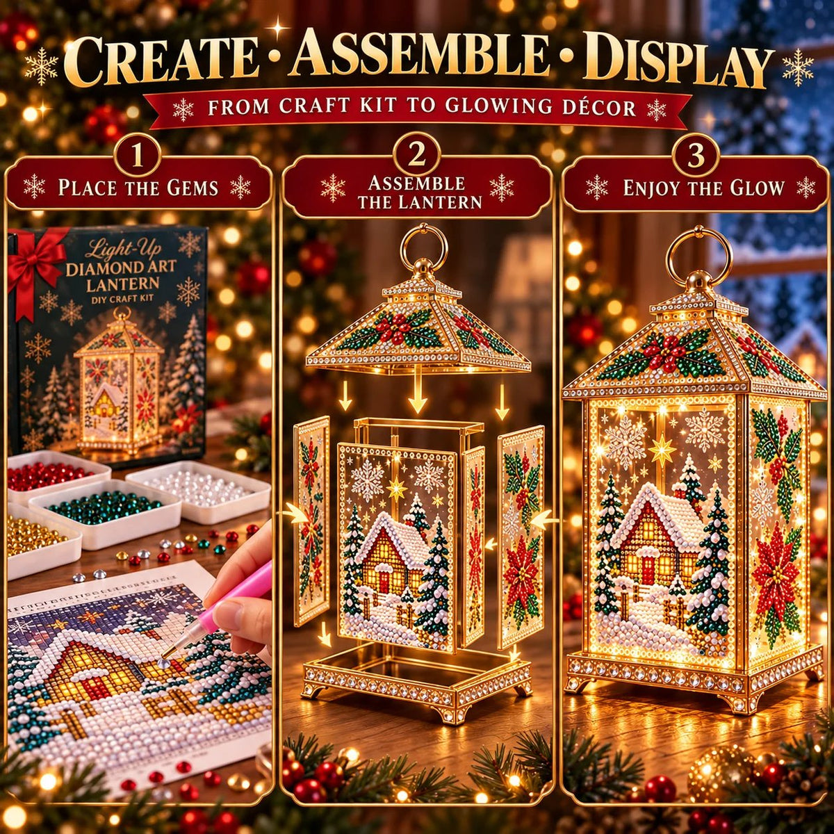 Three step process for Christmas Diamond Art Lantern