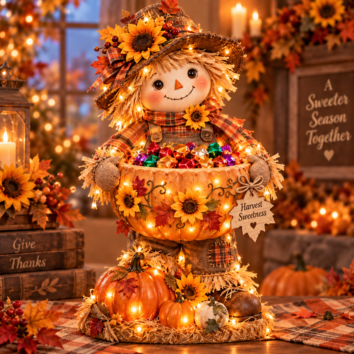 🍂 Lighted Scarecrow Candy Bowl | Harvest Table Decor