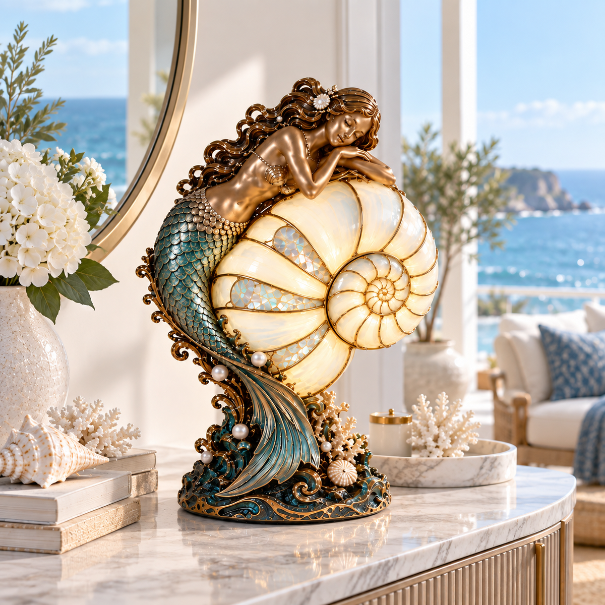 Nautilus Siren resting mermaid coastal lamp