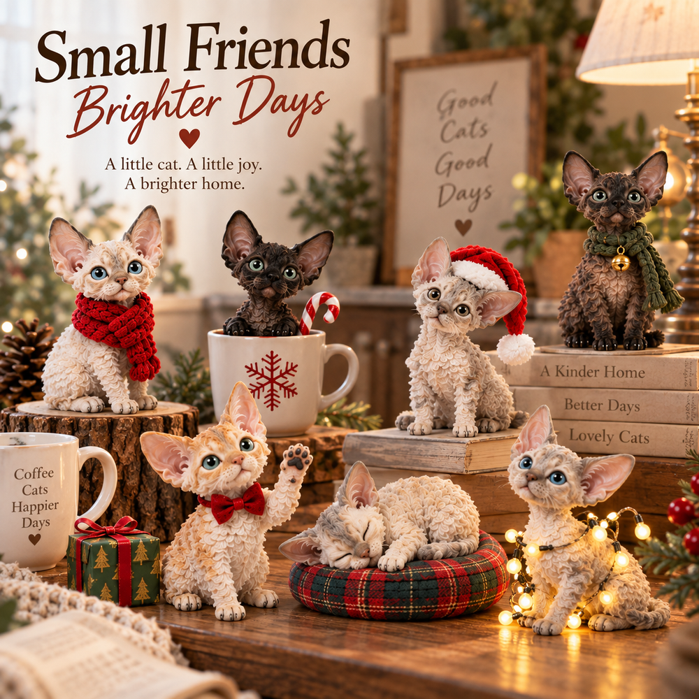 Mini Devon Rex Christmas cat figures arranged on a cozy home table with festive decorations