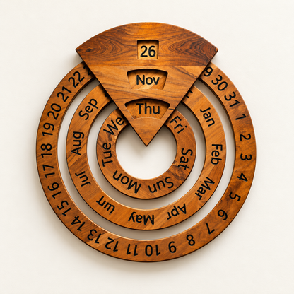 🪵 Vintage Wooden Perpetual Desk Calendar with Rotating Circular Date Display 🗓️