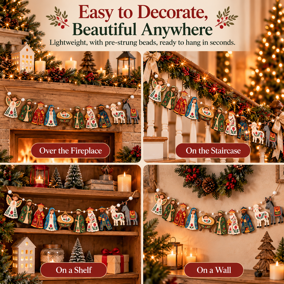 Wooden Christmas nativity garland displayed in different home decorating locations