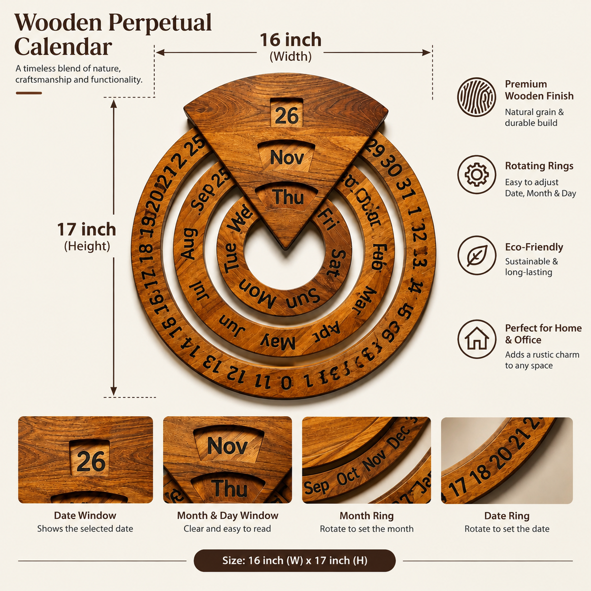 🪵 Vintage Wooden Perpetual Desk Calendar with Rotating Circular Date Display 🗓️