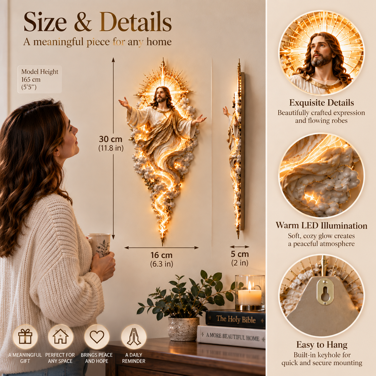 Jesus wall sculpture size and hanging details