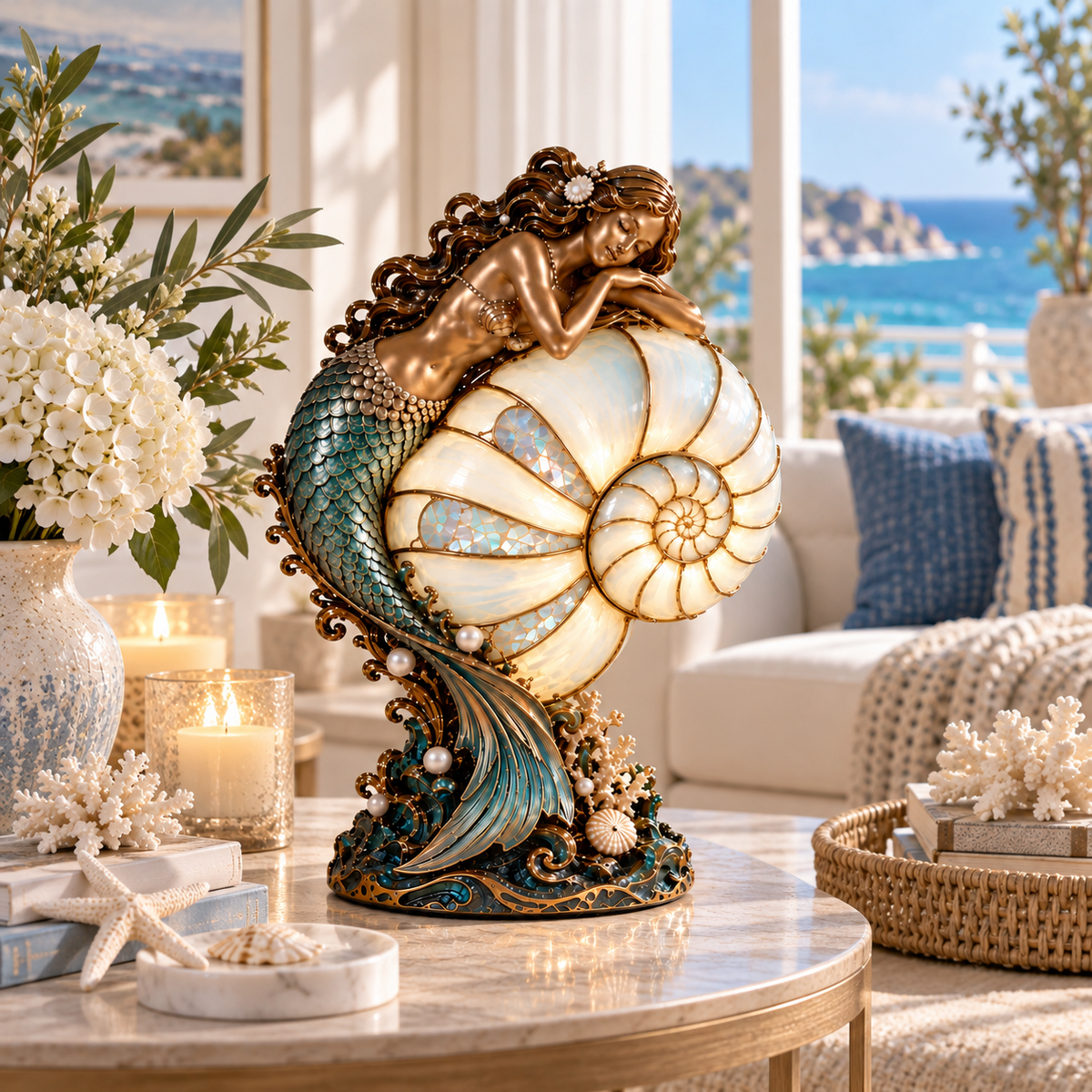 Nautilus Siren decorative lamp in elegant coastal home