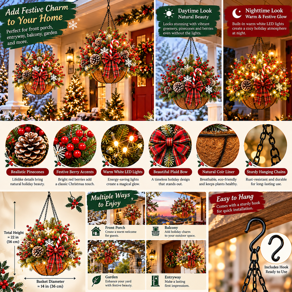 Pre-lit Christmas hanging basket features