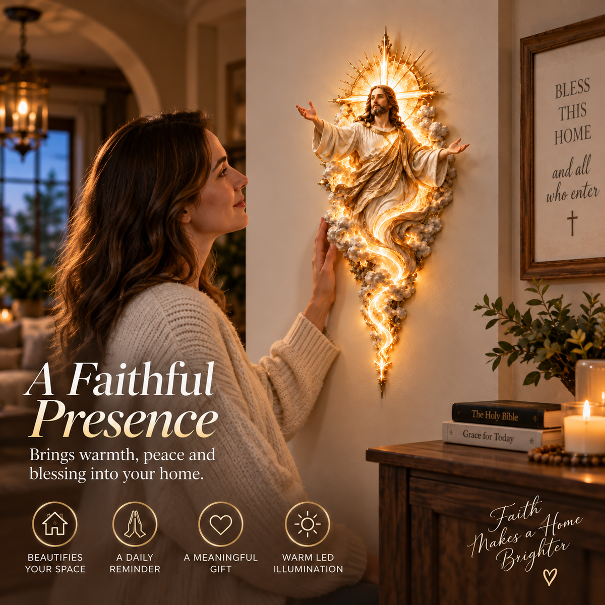 Woman beside illuminated Jesus wall sculpture