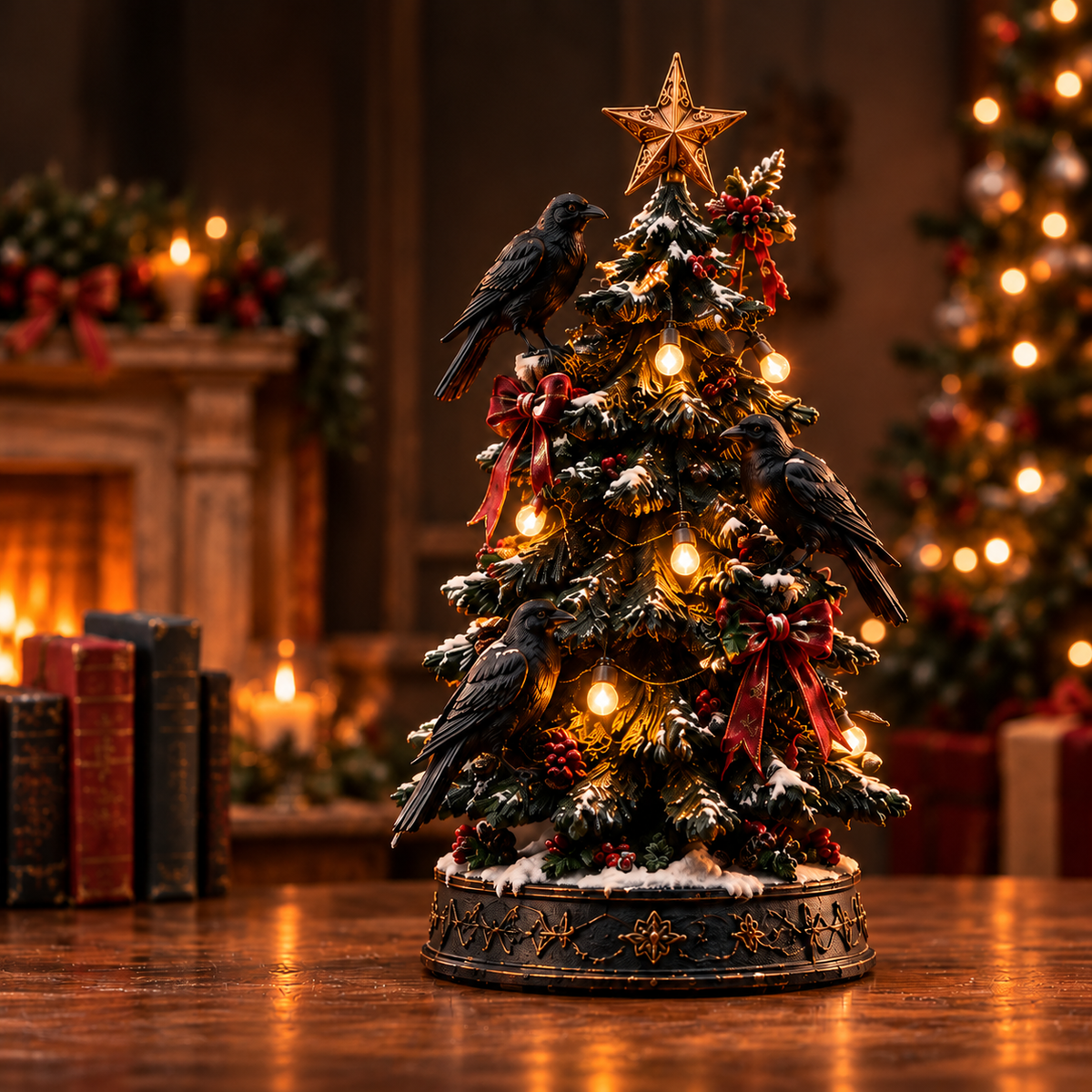 Raven Christmas Tree gothic lighted holiday figurine