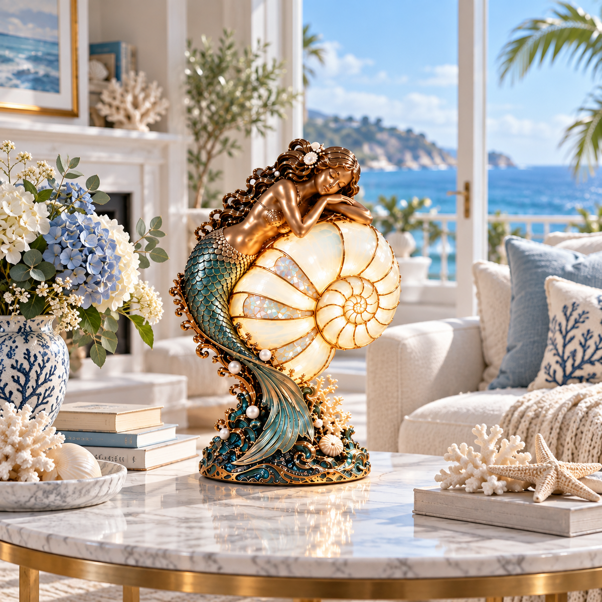 Nautilus Siren lamp in bright coastal living room