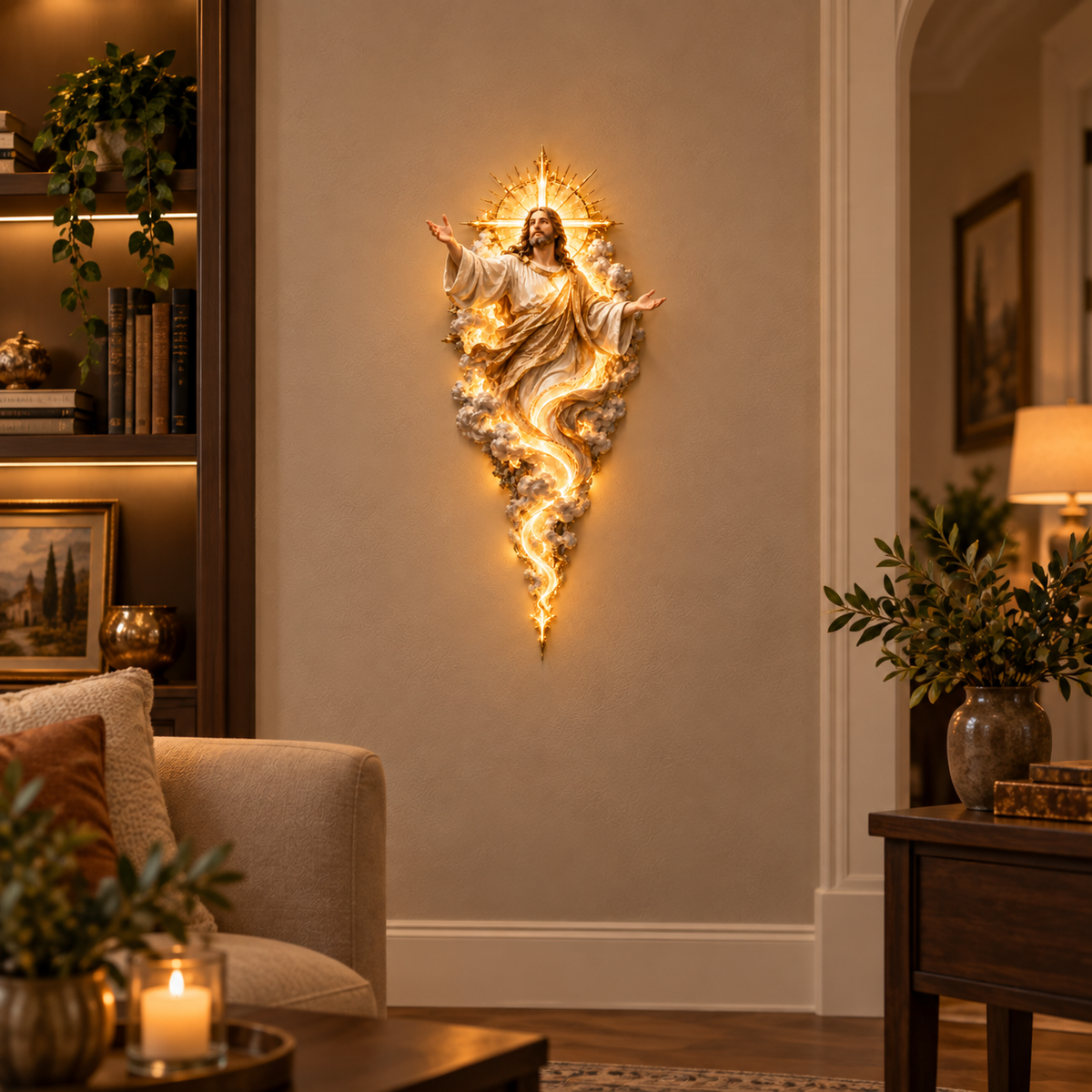 Jesus illuminated wall sculpture in elegant living room