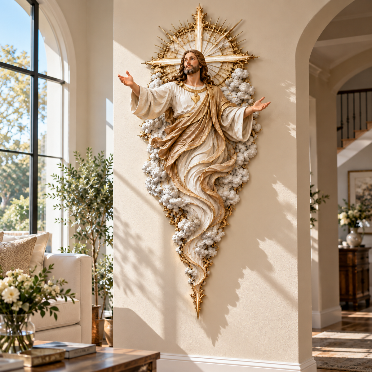 Jesus wall sculpture displayed in daylight