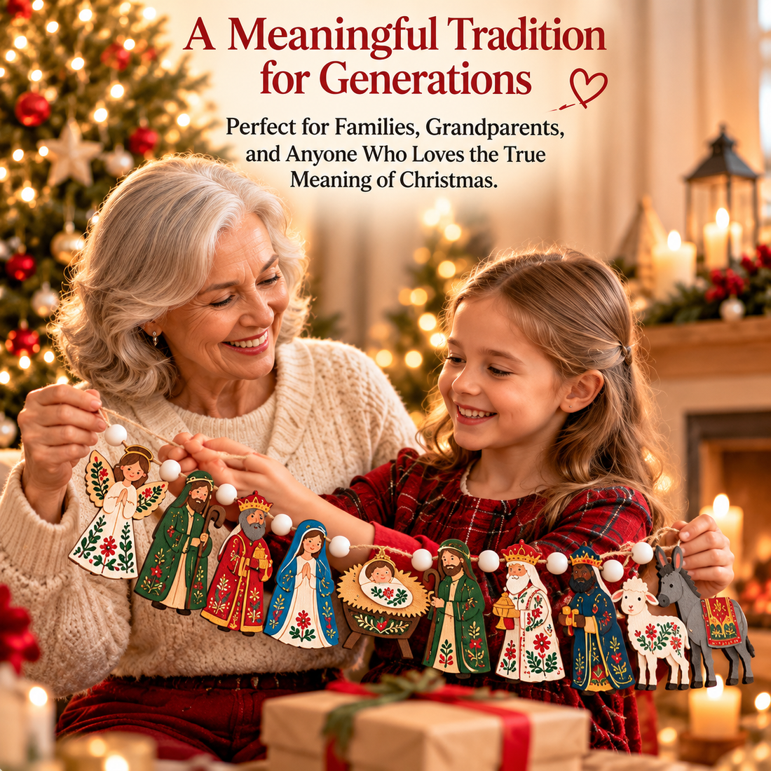 Grandmother and granddaughter enjoying a wooden nativity Christmas garland