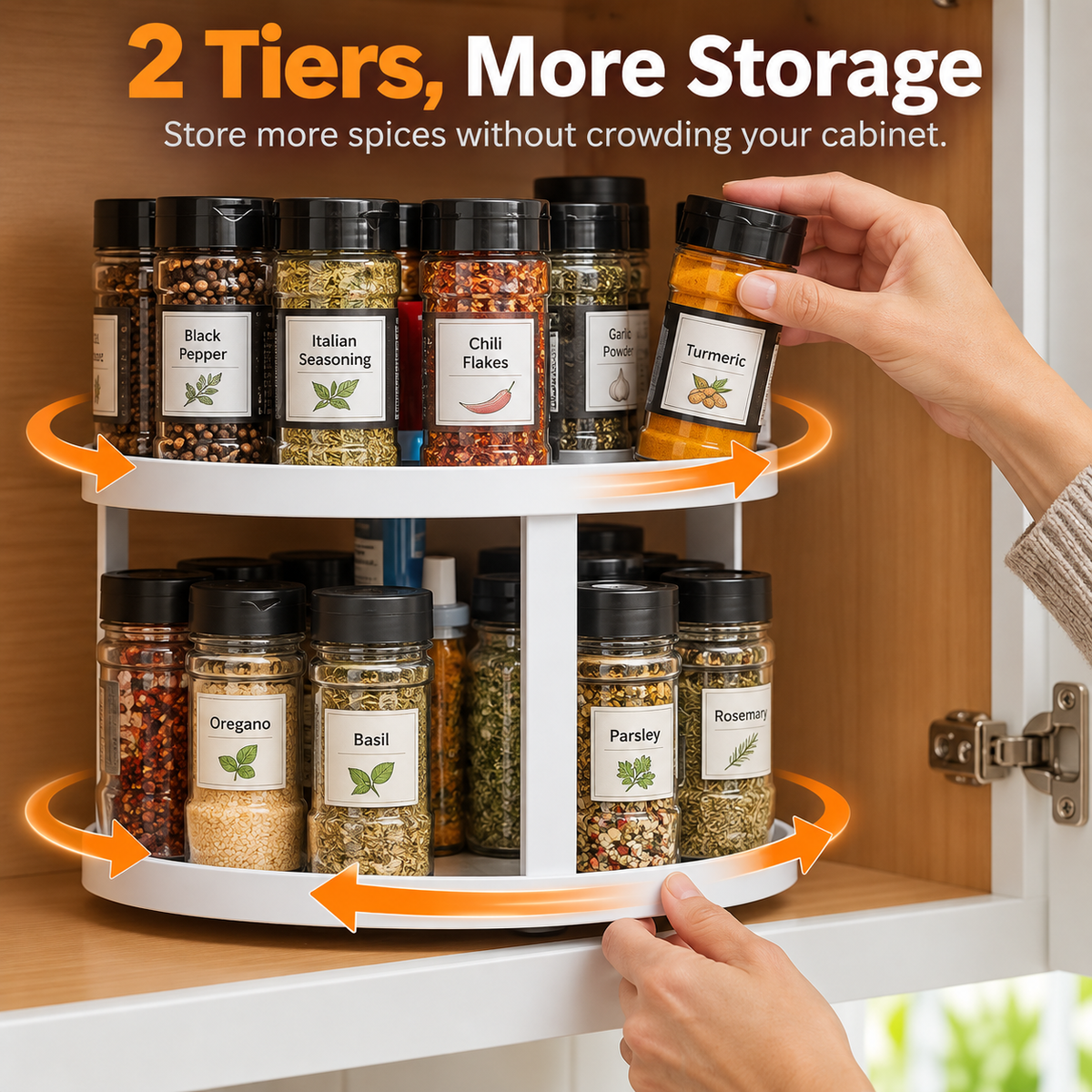 Two tier rotating spice rack with seasonings