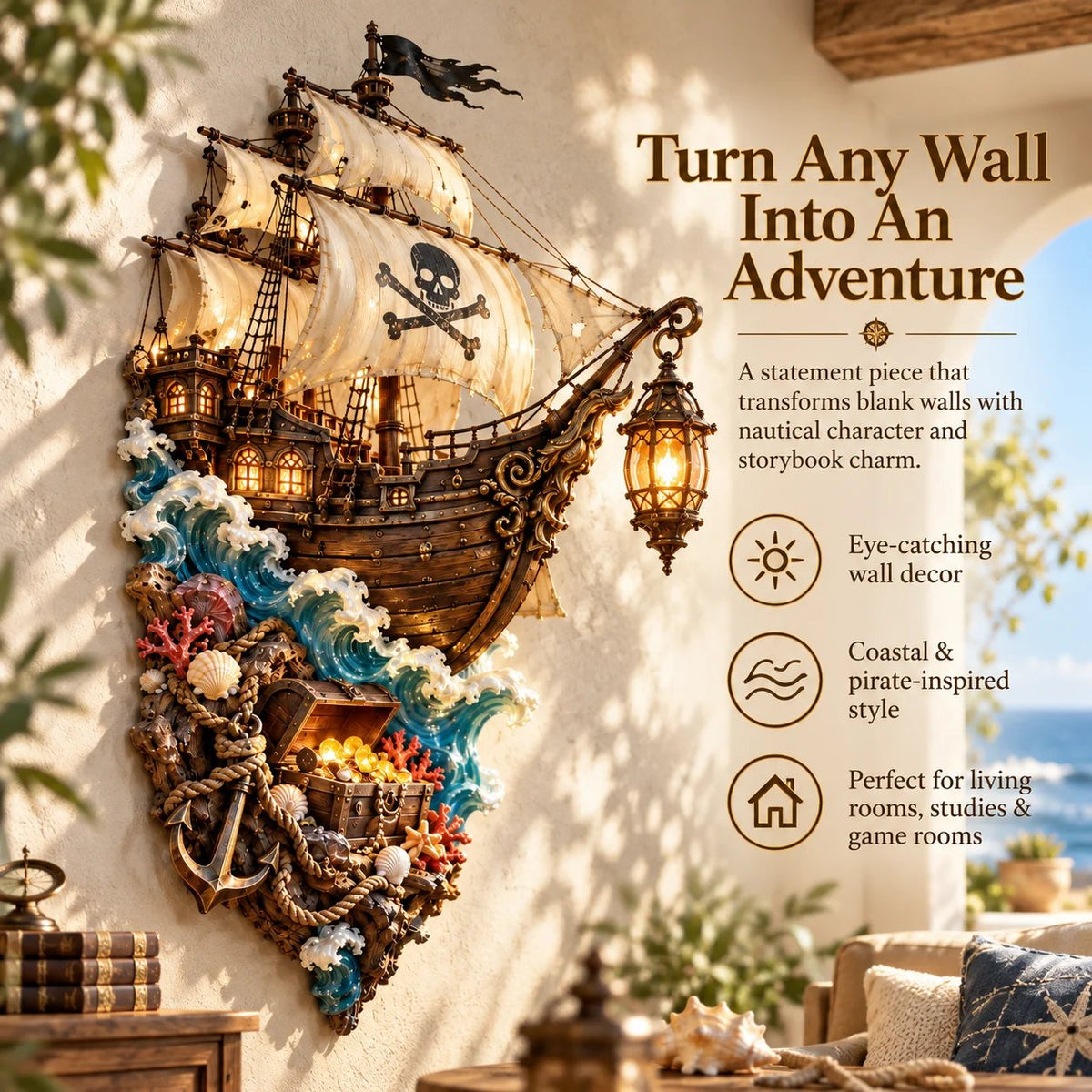 🏴‍☠️⛵🔥 Illuminated Pirate Ship Wall Lantern | Glowing Ghost Ship & Treasure Chest Sculpture, Nautical Fantasy Coastal Wall Décor