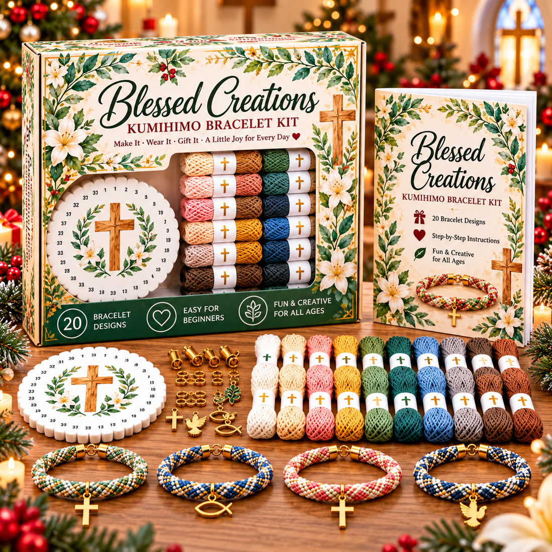 Blessed Creations complete kumihimo bracelet kit display with cords, braiding disc, booklet and Christian charms