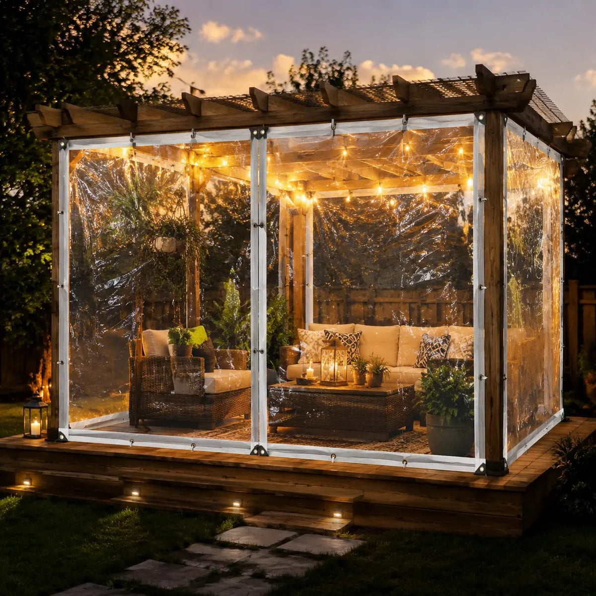 Transparent tarp surrounding illuminated patio at evening
