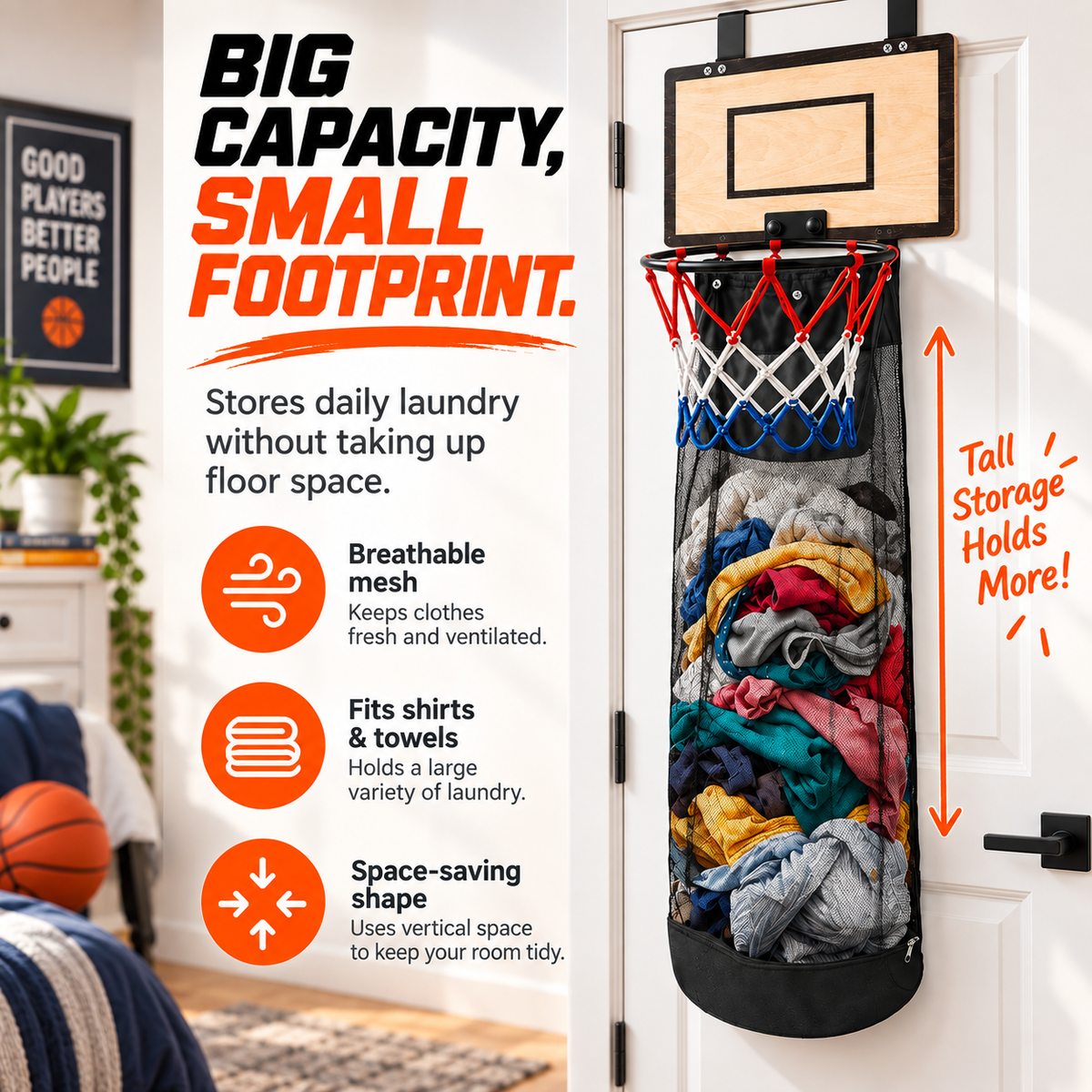 Over the door space saving basketball hamper
