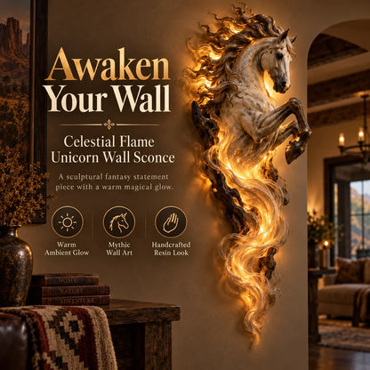 🔥Last Day 49% OFF -🦄 Celestial Flame Unicorn Wall Sconce – A Magical Guardian Awakens on Your Wall