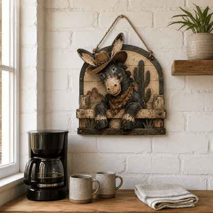 🫏 Rustic Cowboy Donkey Wall Hanging – Western Farmhouse Décor & Country Keepsake