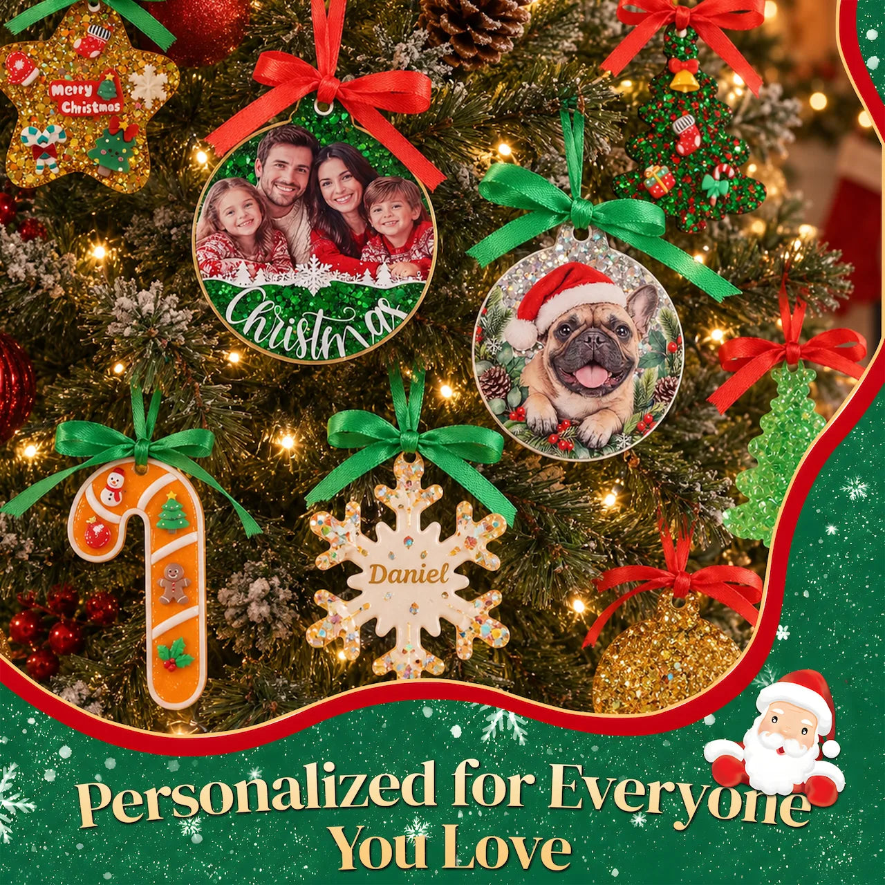 Personalized Christmas tree ornaments featuring family and pet memories