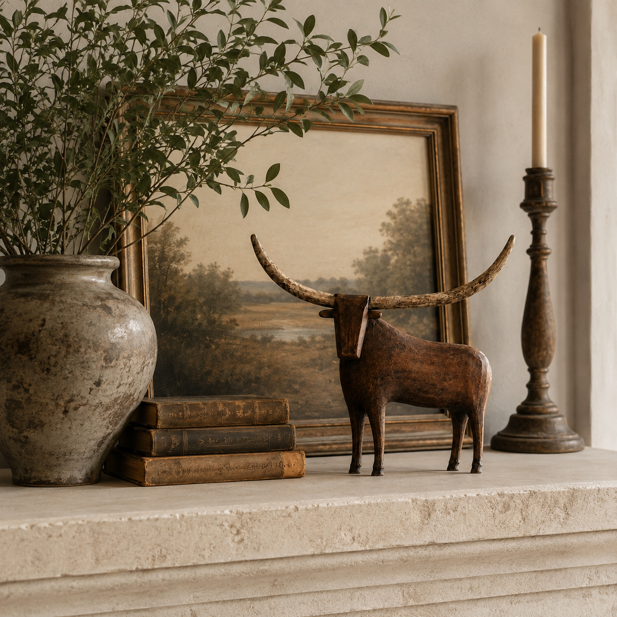 Longhorn sculpture styled with antique books and candle