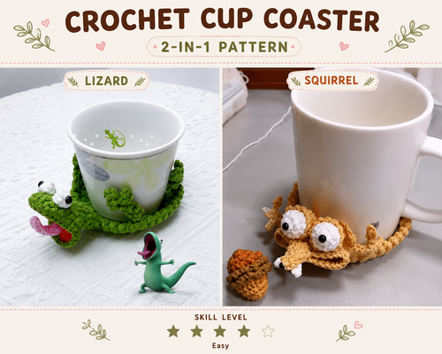 Digital Download – PDF Crochet Pattern Combo 2in1 Coasters: Lizard, Squirrel