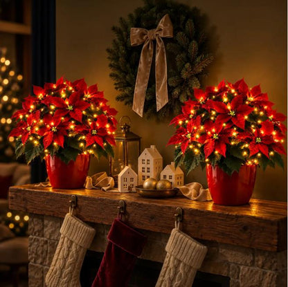🎄 Lighted Christmas Poinsettia Arrangement™ – Glowing Red Poinsettia Flowers with Warm LED Lights | Realistic Artificial Christmas Floral Centerpiece for Table, Mantel & Holiday Home Decor ✨