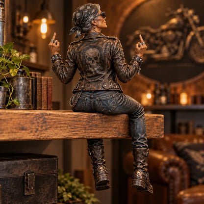 🔥 LAST DAY 50% OFF 🔥🏍️ Old Biker Soul™ – “Women Ride Too” Shelf-Sitter Figurine with Silver Hair, Leather-Look Jacket & Motorcycle Helmet ✨