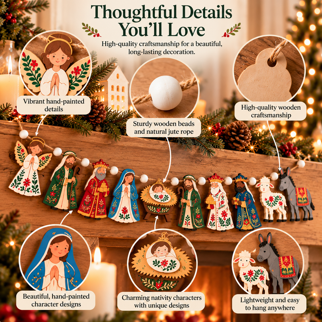 Wooden nativity characters, white beads and natural jute string details