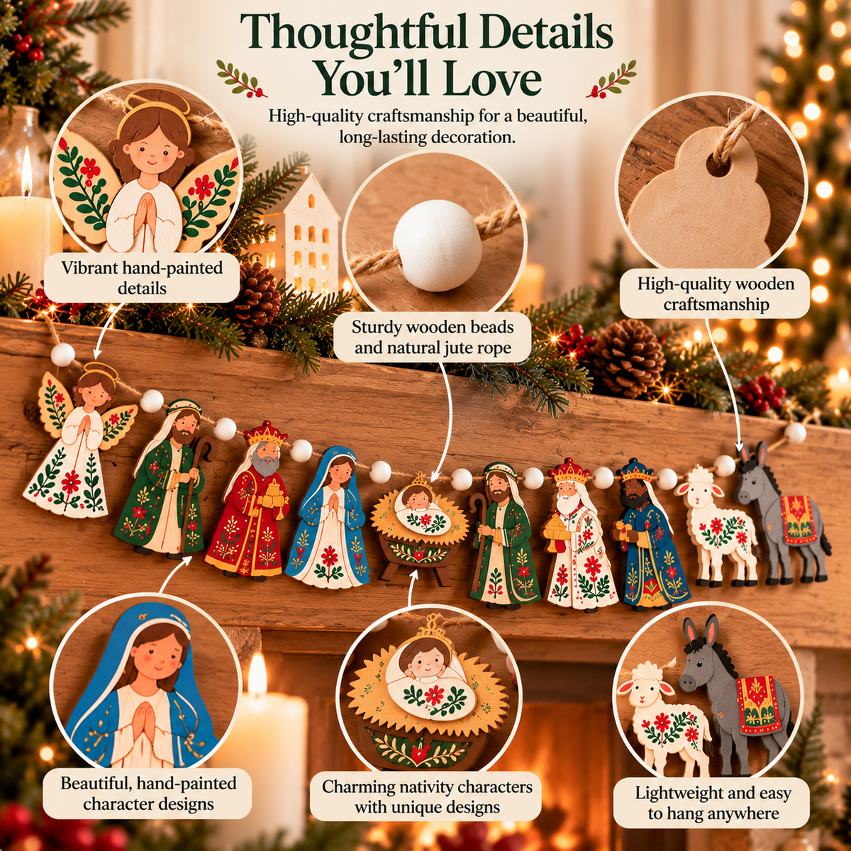 ✝️🎄 Bethlehem Blessings™ – Wooden Nativity Christmas Garland | Hand-Painted Style Jesus, Mary & Three Wise Men Hanging Decor for Mantel & Staircase ❤️