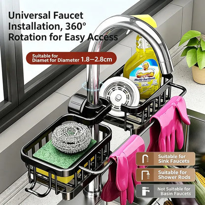 💧🧽Sink Organizer Rack,Hanging Faucet Drain Rack with Drip Tray Stainless Steel Detachable Sink Faucet Sponge Holder Over Faucet for Kitchen and Bathroom,Scrubbers, Soap,Brush
