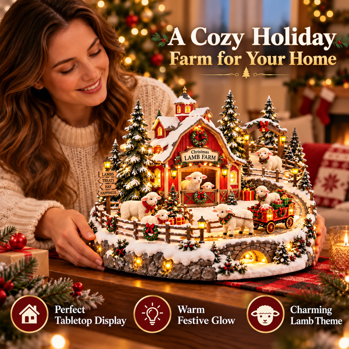 Christmas Lamb Farm Village warm light display