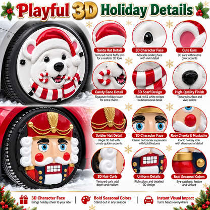 🎃16-inch Christmas 3D Wheel Covers – Festive Polar Bear & Nutcracker Car Decor
